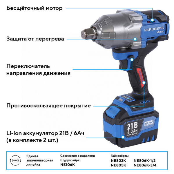 Гайковерт аккумуляторный, 3/4", 21 В, 1500 Нм, 2 аккумулятора 6 A и зарядное устройство, в кейсе NE806K-3/4